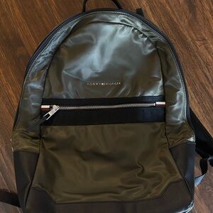 Tommy Hilfiger Olive Green Nylon Backpack with Signature Stripe